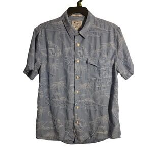 Lucky Brand Men's Short Sleeve Hawaiian Shirt Palm Tree Surf Scene Blue Medium